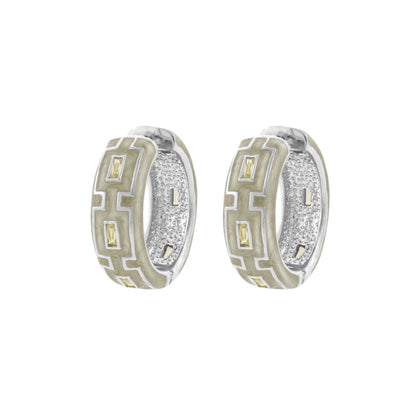 Greek Key Hoop Earrings pair in two-tone gold and silver beige enamel motif and yellow stones on Tampa Home & Garden Store