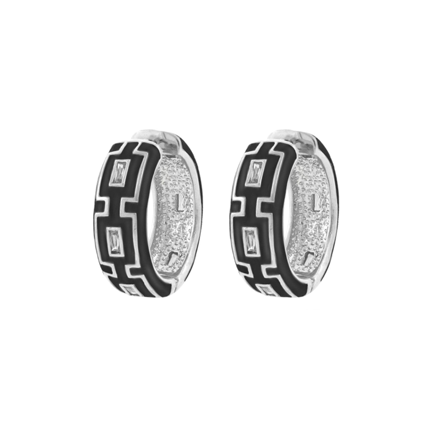 Greek Key Hoop Earrings by Lauren G Adams, black enamel with silver-tone metal hoops, pair on Tampa Home & Garden Store