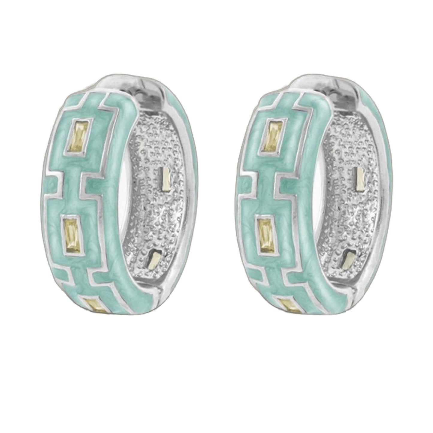 Greek Key Hoop Earrings turquoise enamel with gold accents on silver-tone textured hoops (pair) on Tampa Home & Garden Store