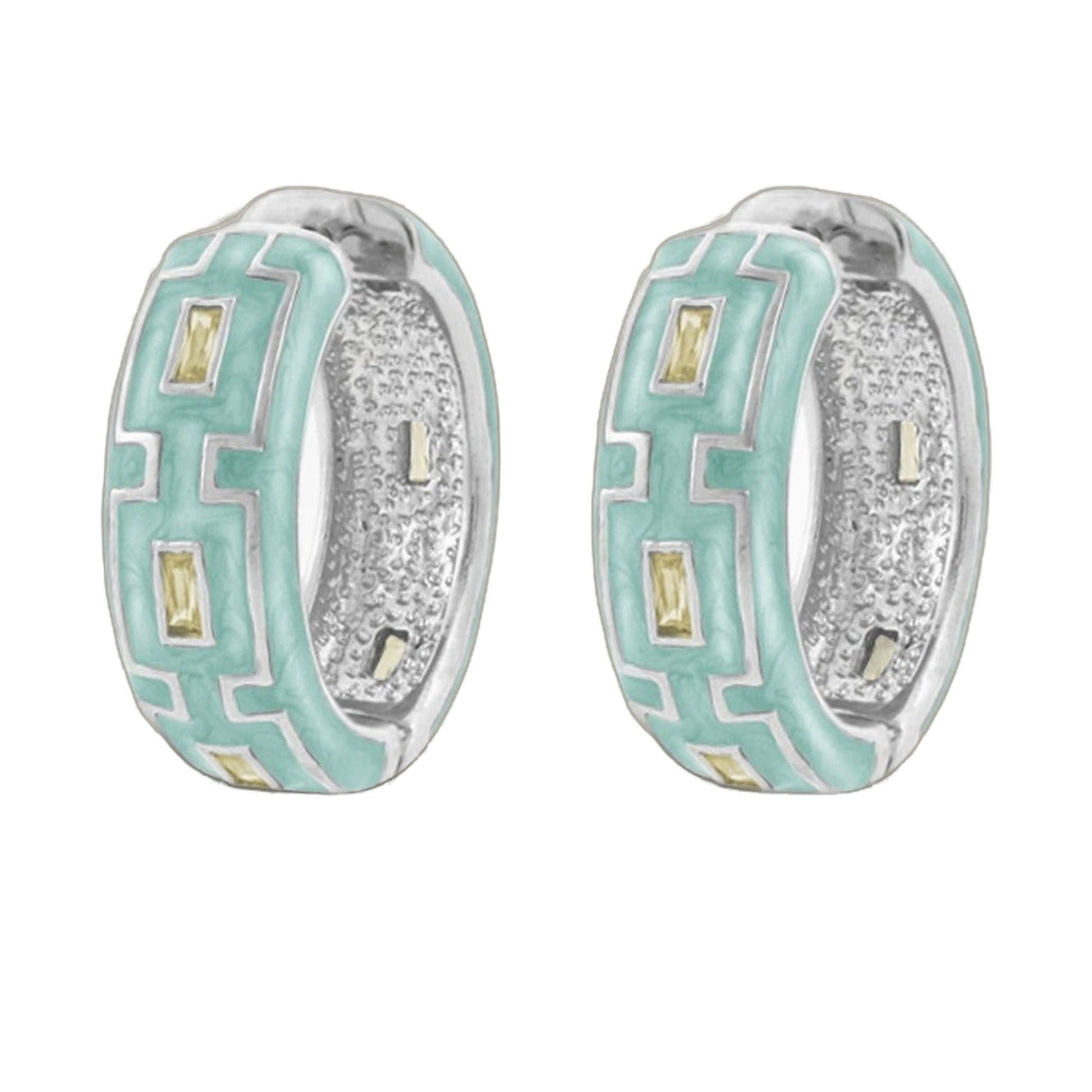 Greek Key Hoop Earrings turquoise enamel with gold accents on silver-tone textured hoops (pair) on Tampa Home & Garden Store