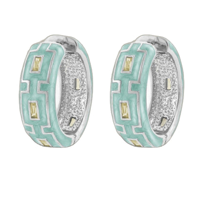 Greek Key Hoop Earrings turquoise enamel with gold accents on silver-tone textured hoops (pair) on Tampa Home & Garden Store