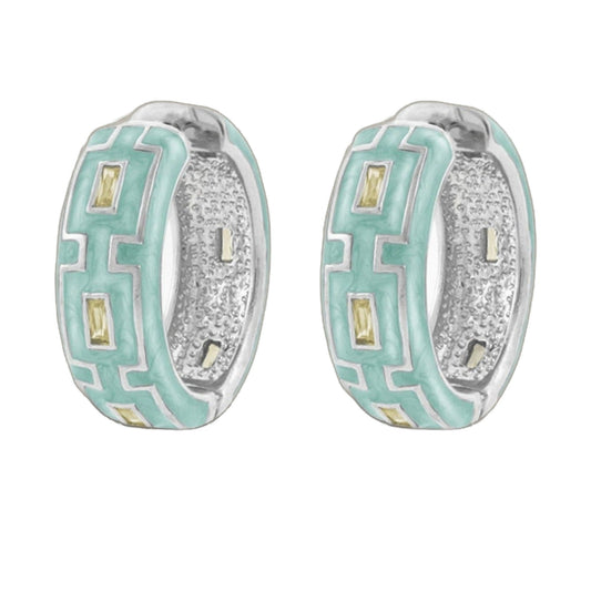Greek Key Hoop Earrings turquoise enamel with gold accents on silver-tone textured hoops (pair) on Tampa Home & Garden Store