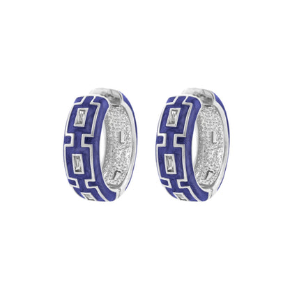 Greek Key Hoop Earrings blue enamel with silver-tone trim Lauren G Adams pair on Tampa Home & Garden Store