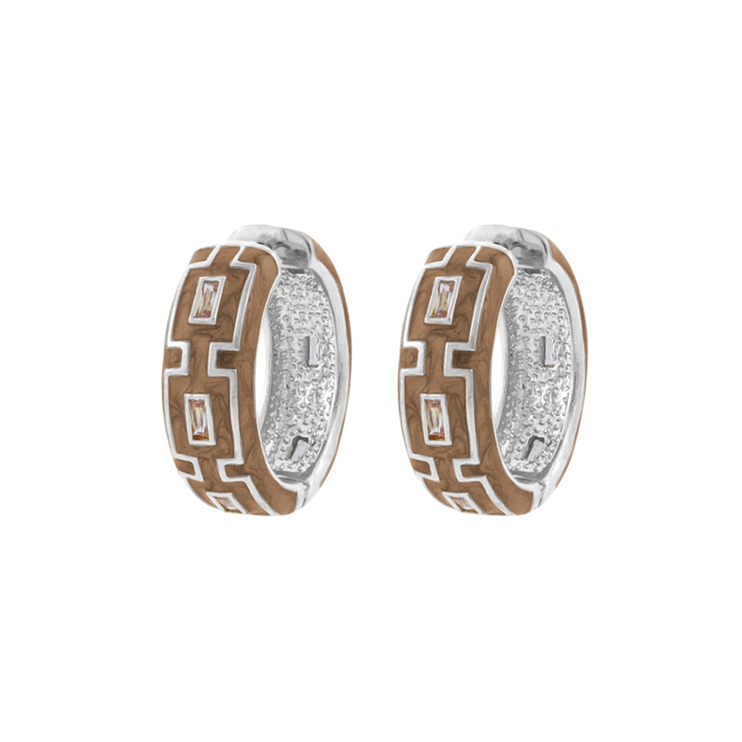 Greek Key Hoop Earrings by Lauren G Adams, two-tone silver and bronze with stones, pair on Tampa Home & Garden Store