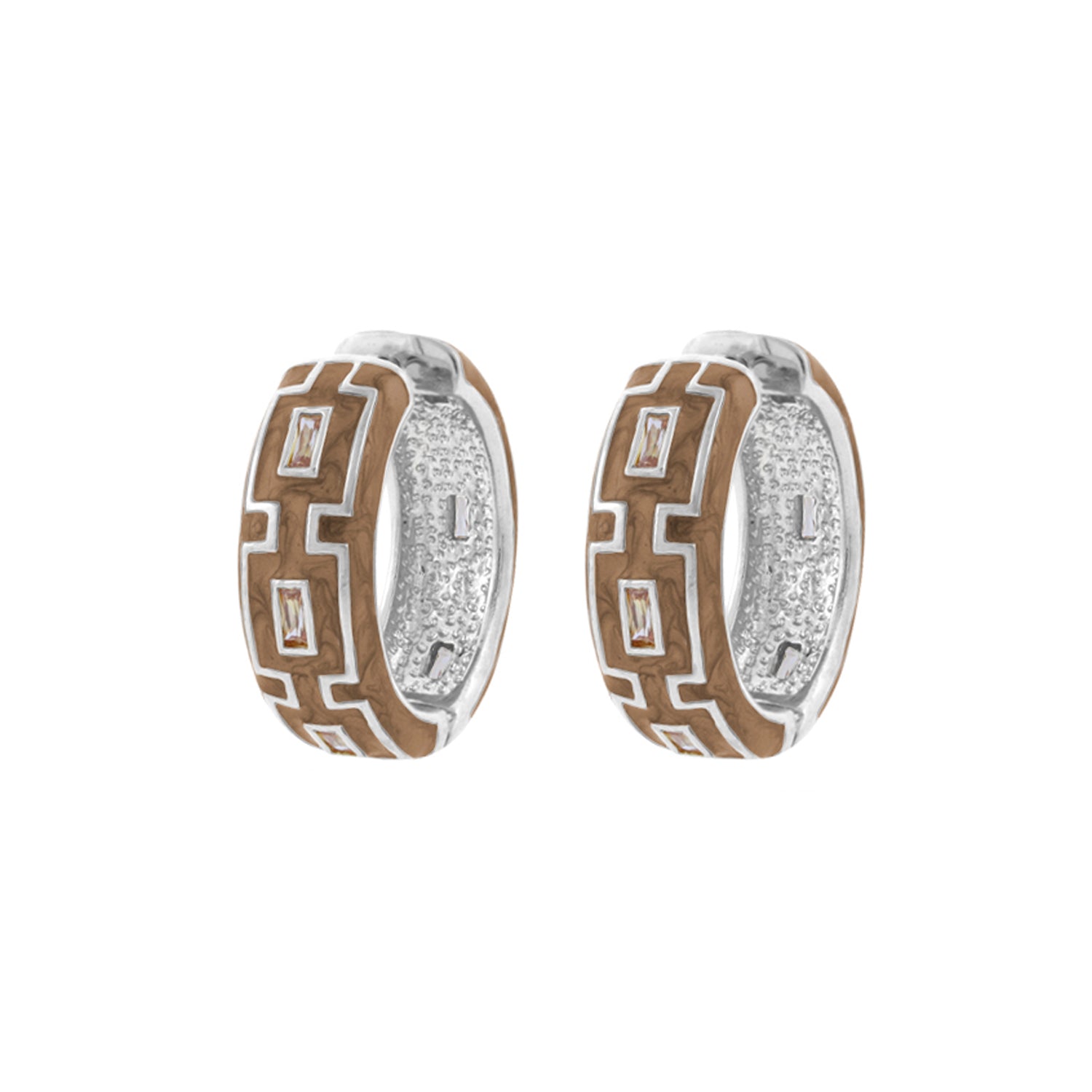 Greek Key Hoop Earrings by Lauren G Adams, two-tone silver and bronze with stones, pair on Tampa Home & Garden Store