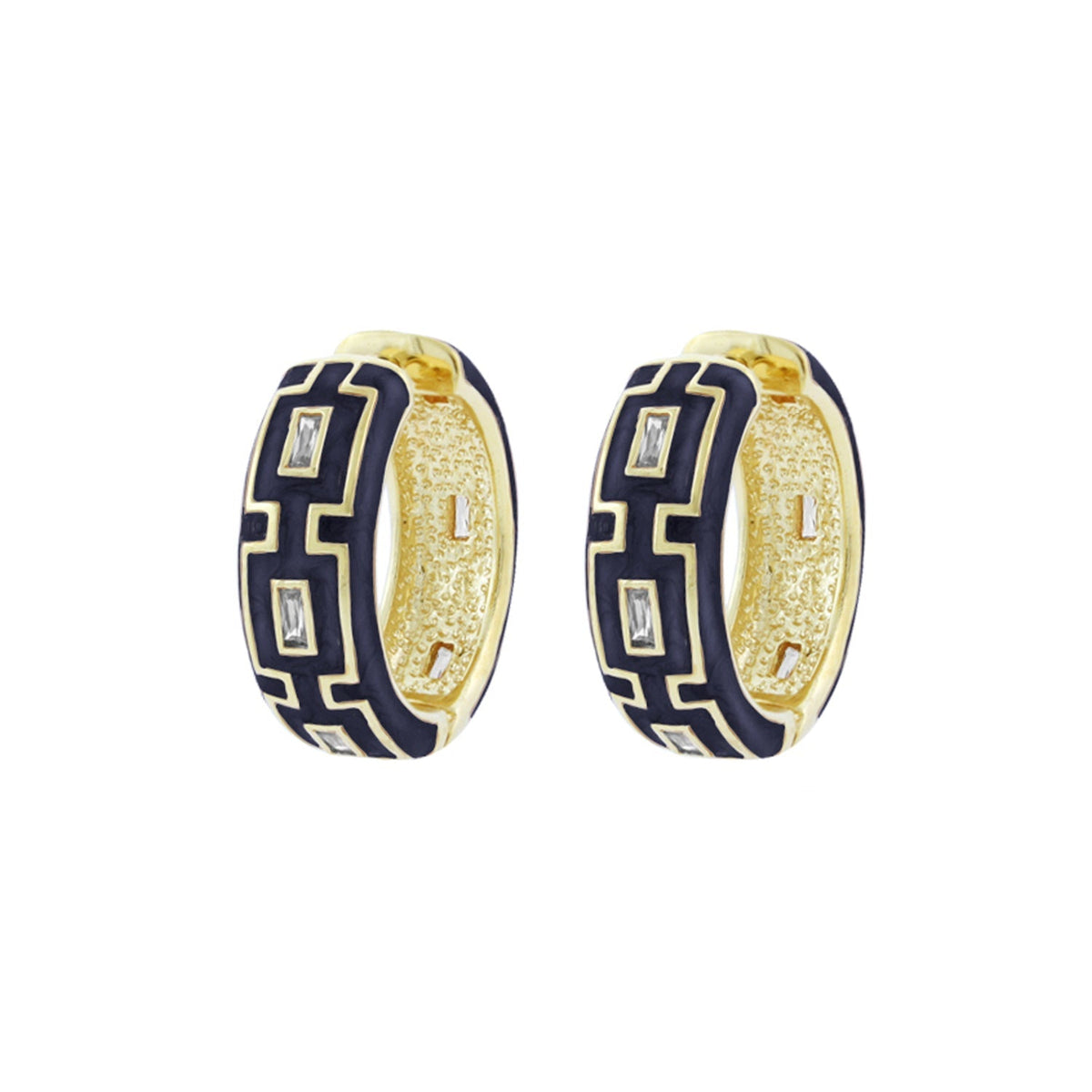 Greek key hoop earrings pair in gold-tone with navy enamel and crystal accents on Tampa Home & Garden Store