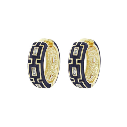 Greek key hoop earrings pair in gold-tone with navy enamel and crystal accents on Tampa Home & Garden Store