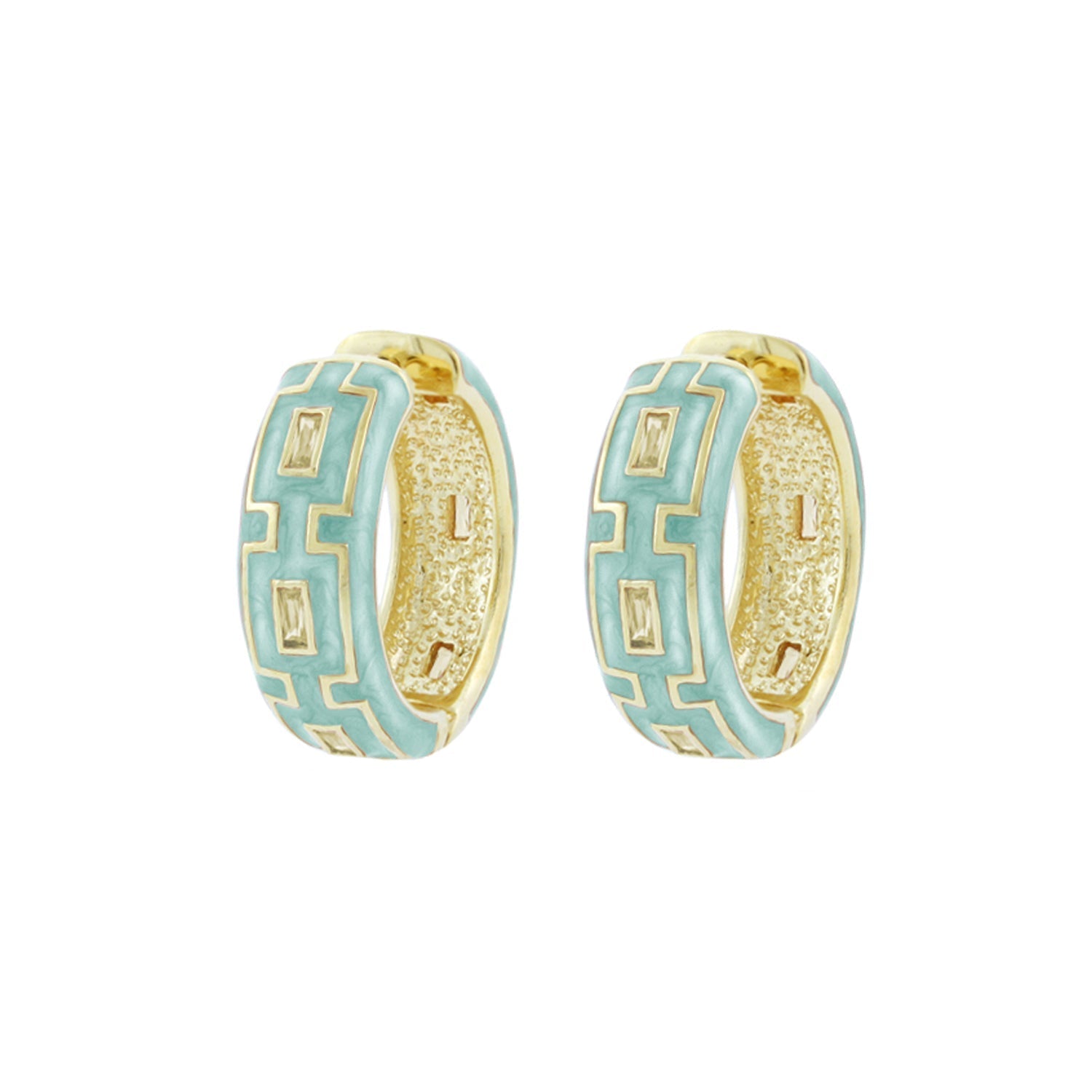 Greek Key Hoop Earrings by Lauren G Adams, turquoise enamel with gold Greek key pattern, pair on Tampa Home & Garden Store