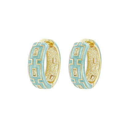 Greek Key Hoop Earrings by Lauren G Adams, turquoise enamel with gold Greek key pattern, pair on Tampa Home & Garden Store