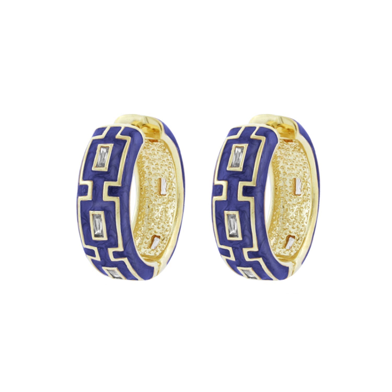 Greek Key Hoop Earrings, blue enamel with gold-tone inner band and clear stones, pair on Tampa Home & Garden Store