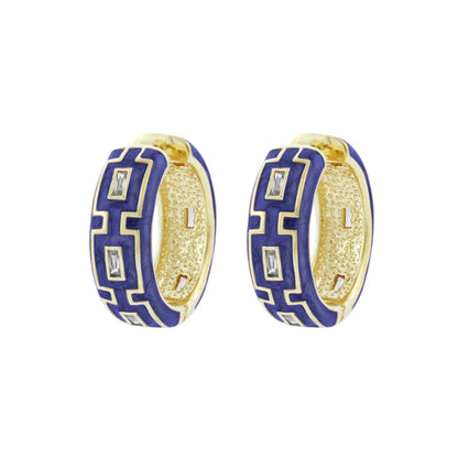 Greek Key Hoop Earrings, blue enamel with gold-tone inner band and clear stones, pair on Tampa Home & Garden Store