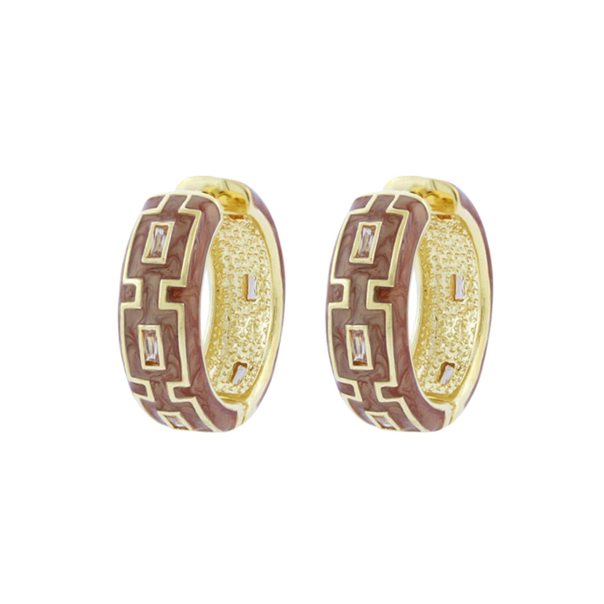Greek Key Hoop Earrings gold-tone hoops with brown enamel key motif pair on Tampa Home & Garden Store
