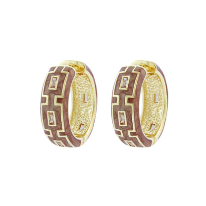 Greek Key Hoop Earrings gold-tone hoops with brown enamel key motif pair on Tampa Home & Garden Store