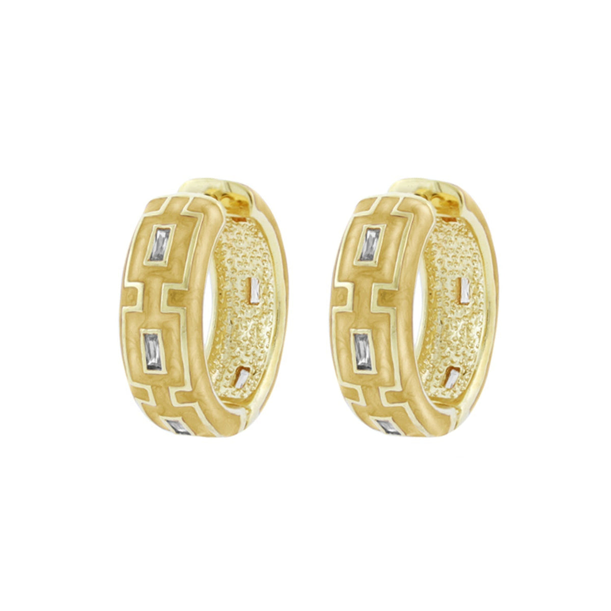 Gold-tone Greek Key Hoop Earrings by Lauren G Adams, pair of geometric hoops with rectangular stones on Tampa Home & Garden Store