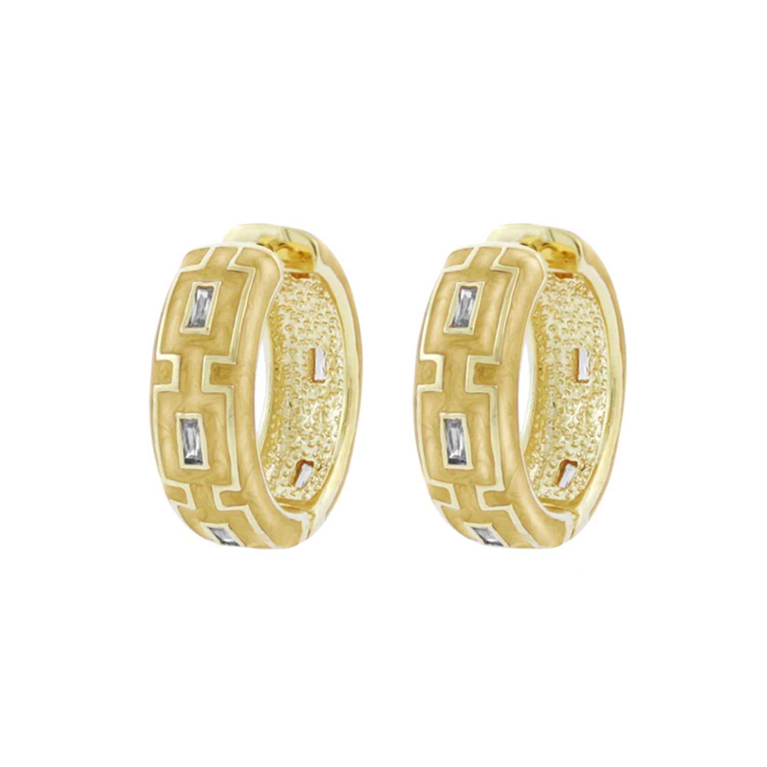 Gold-tone Greek Key Hoop Earrings by Lauren G Adams, pair of geometric hoops with rectangular stones on Tampa Home & Garden Store