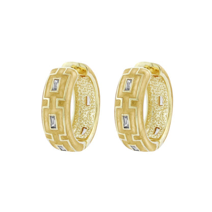 Gold-tone Greek Key Hoop Earrings by Lauren G Adams, pair of geometric hoops with rectangular stones on Tampa Home & Garden Store