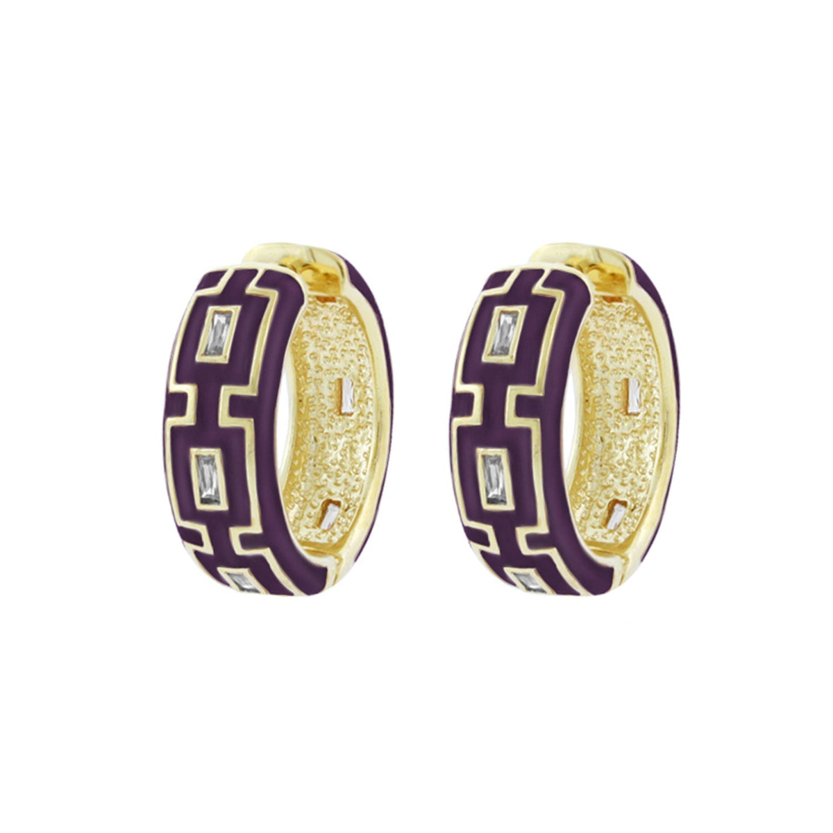 Greek Key Hoop Earrings by Lauren G Adams, purple enamel with frames and crystals, pair on Tampa Home & Garden Store