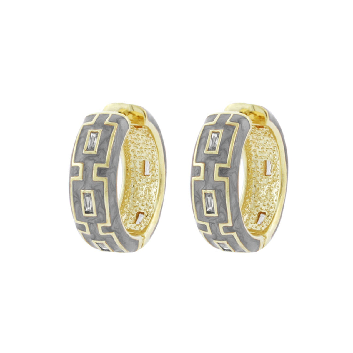 Greek Key Hoop Earrings by Lauren G Adams, two-tone gold and grey geometric hoops pair on Tampa Home & Garden Store