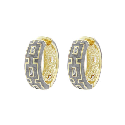 Greek Key Hoop Earrings by Lauren G Adams, two-tone gold and grey geometric hoops pair on Tampa Home & Garden Store