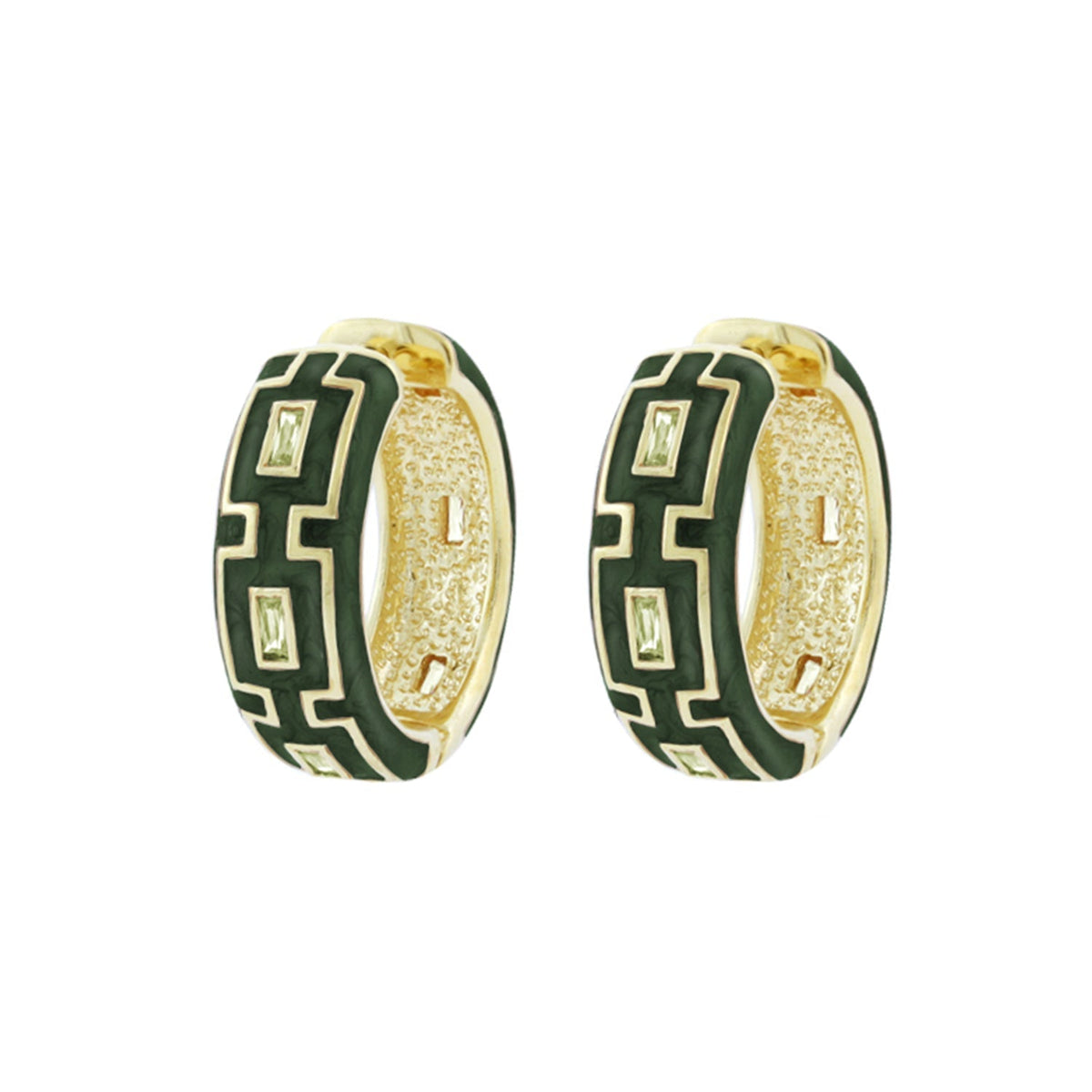 Greek Key Hoop Earrings pair in green enamel with gold-tone framing by Lauren G Adams on Tampa Home & Garden Store