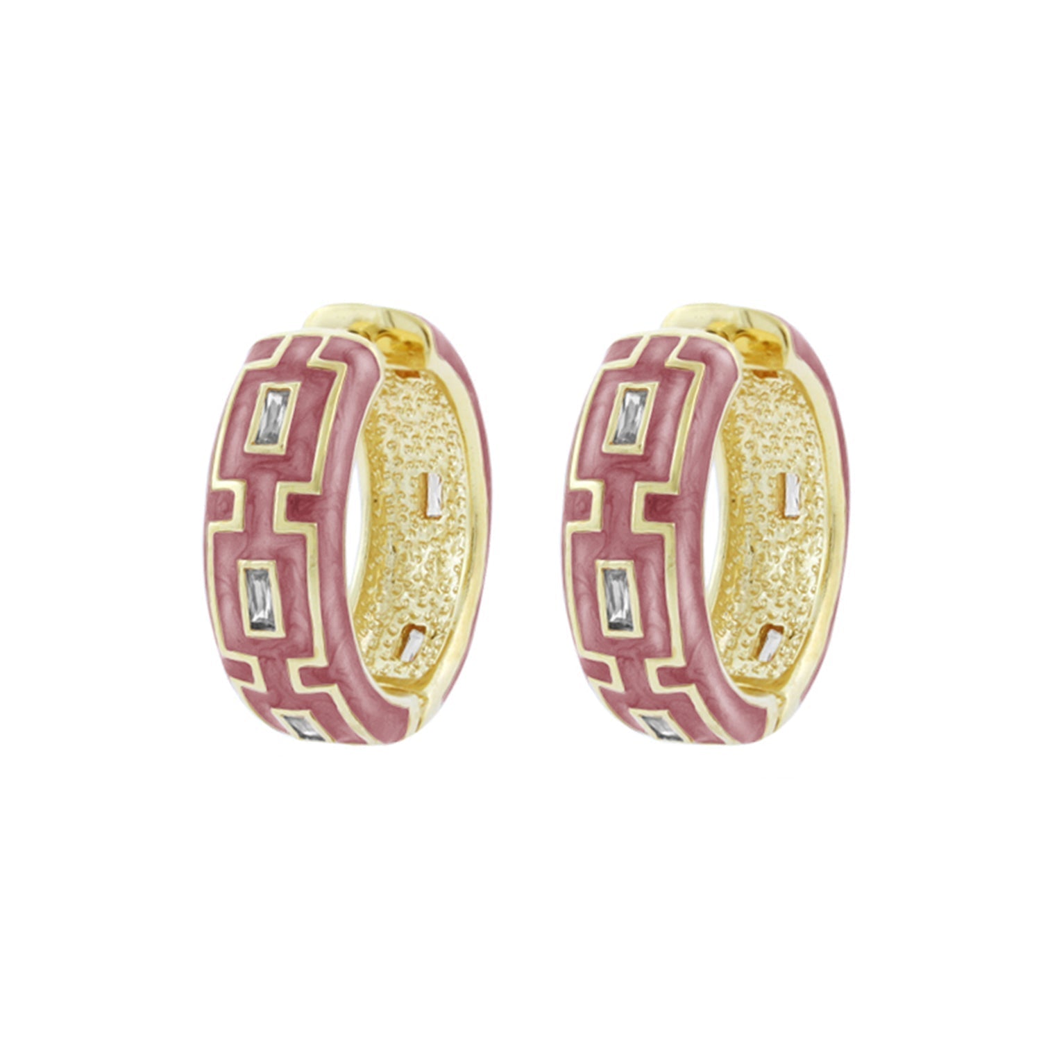 Greek Key Hoop Earrings pair in pink enamel with gold trim and stones by Lauren G Adams on Tampa Home & Garden Store