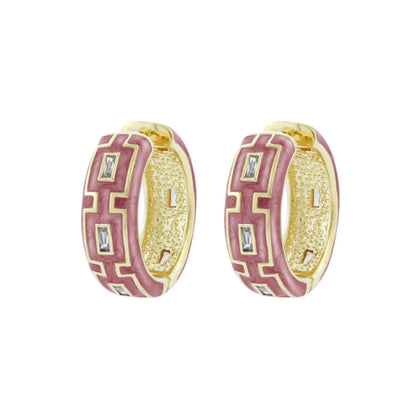 Greek Key Hoop Earrings pair in pink enamel with gold trim and stones by Lauren G Adams on Tampa Home & Garden Store