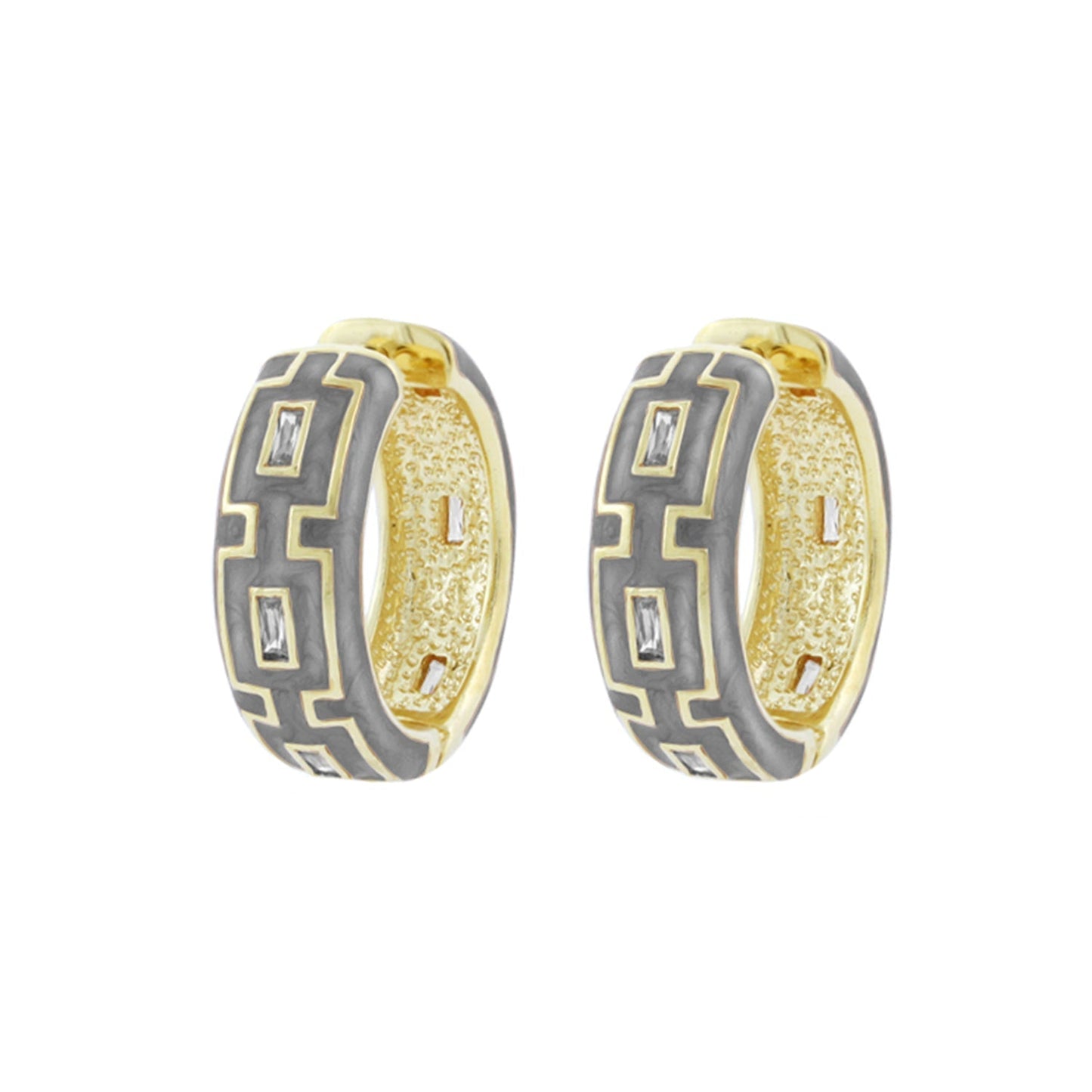 Lauren G Adams Greek Key Hoop Earrings, two-tone gold and gray enamel hoops with key motif, pair on Tampa Home & Garden Store