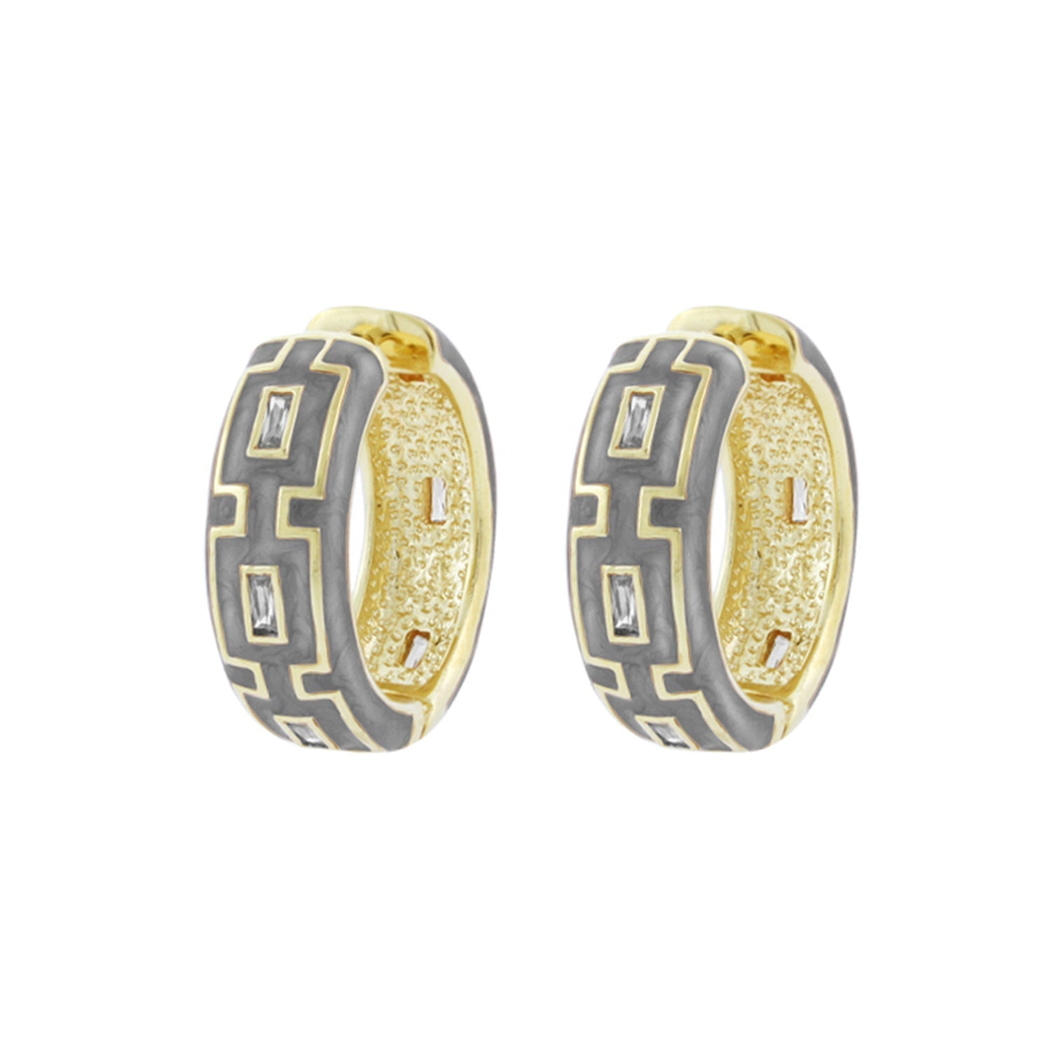 Lauren G Adams Greek Key Hoop Earrings, two-tone gold and gray enamel hoops with key motif, pair on Tampa Home & Garden Store