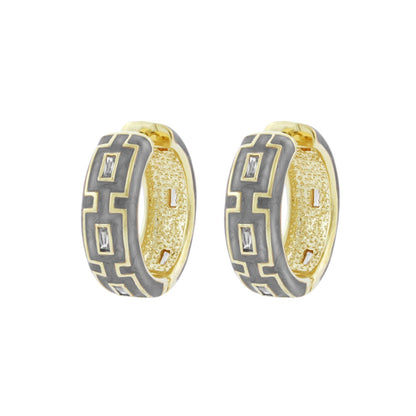 Lauren G Adams Greek Key Hoop Earrings, two-tone gold and gray enamel hoops with key motif, pair on Tampa Home & Garden Store