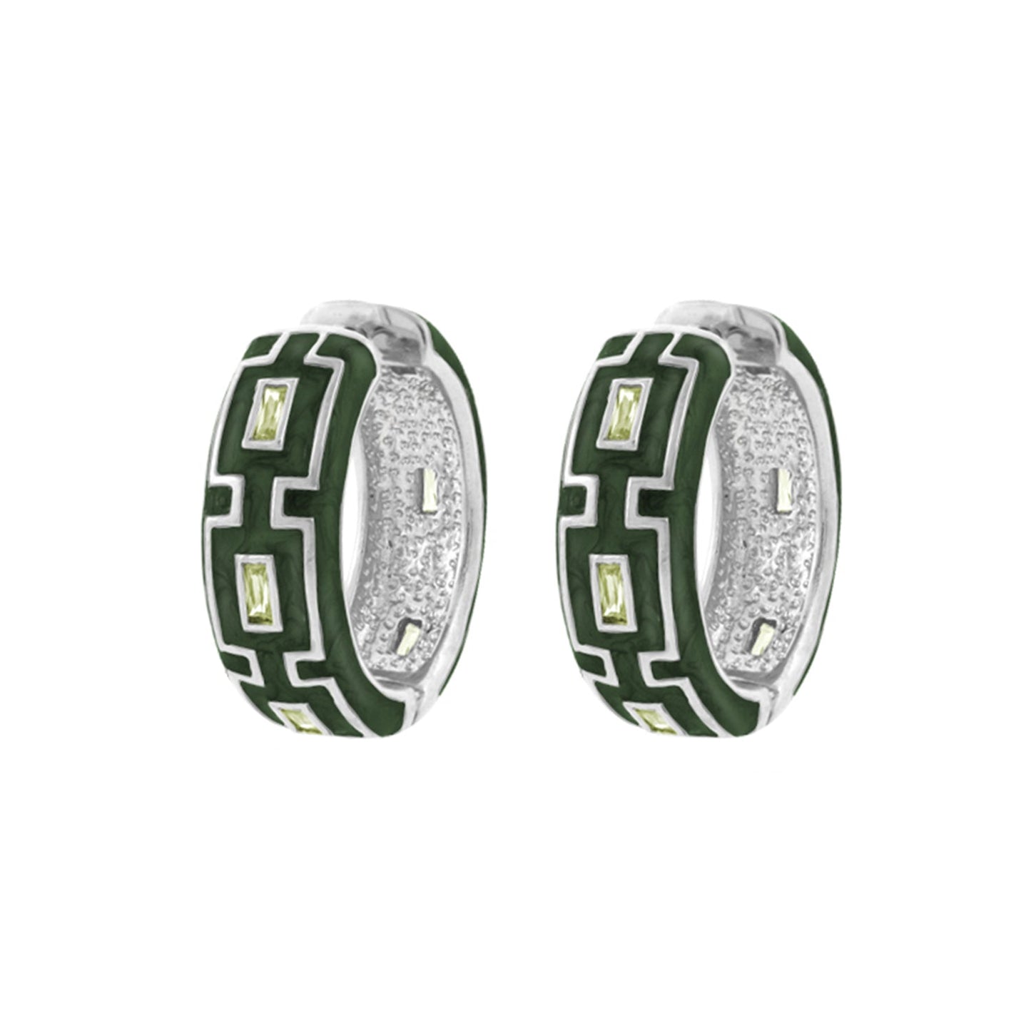 Greek Key Hoop Earrings by Lauren G Adams, green enamel hoops with silver borders and stones on Tampa Home & Garden Store
