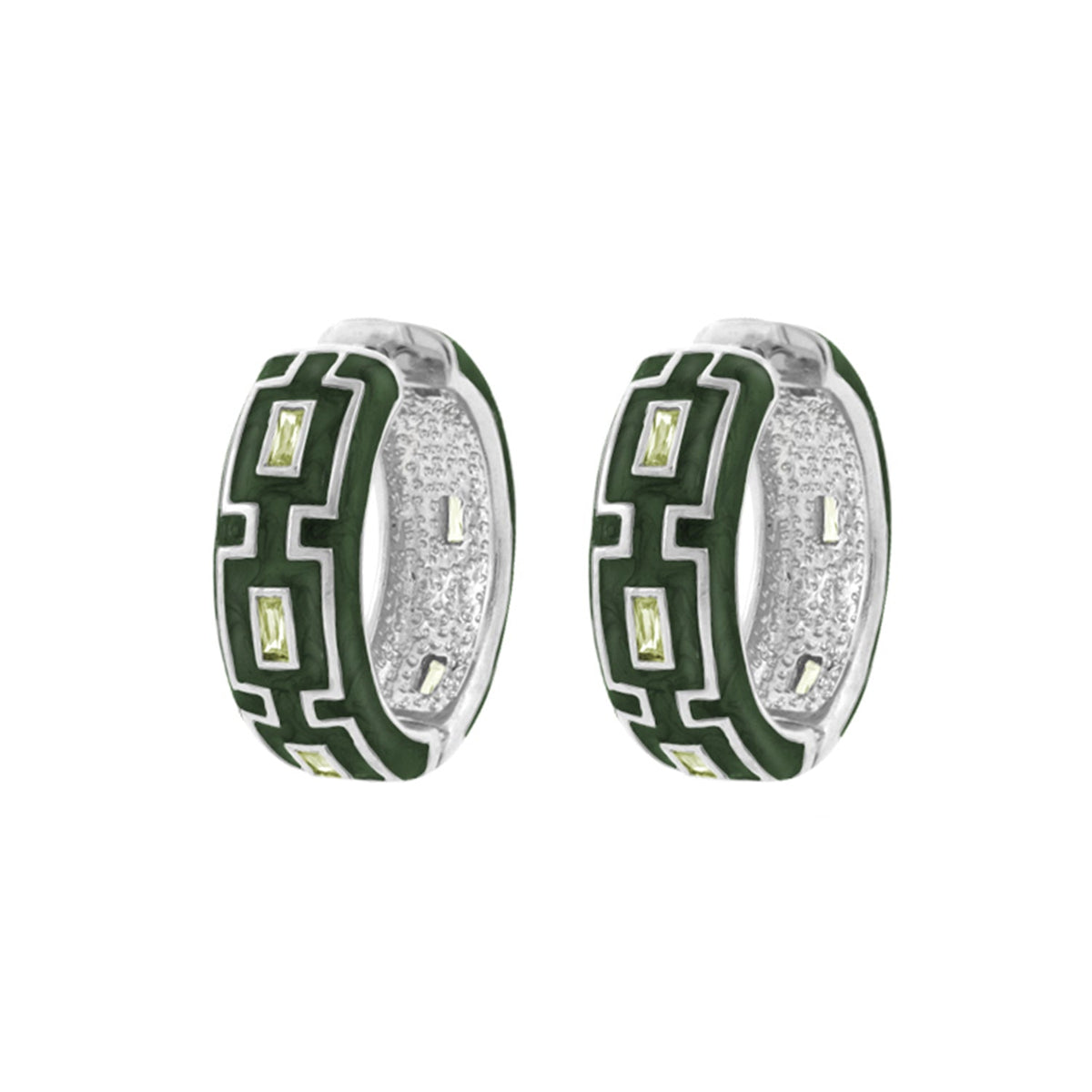 Greek Key Hoop Earrings by Lauren G Adams, green enamel hoops with silver borders and stones on Tampa Home & Garden Store