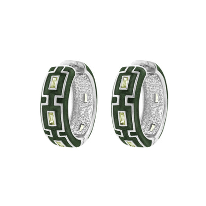 Greek Key Hoop Earrings by Lauren G Adams, green enamel hoops with silver borders and stones on Tampa Home & Garden Store