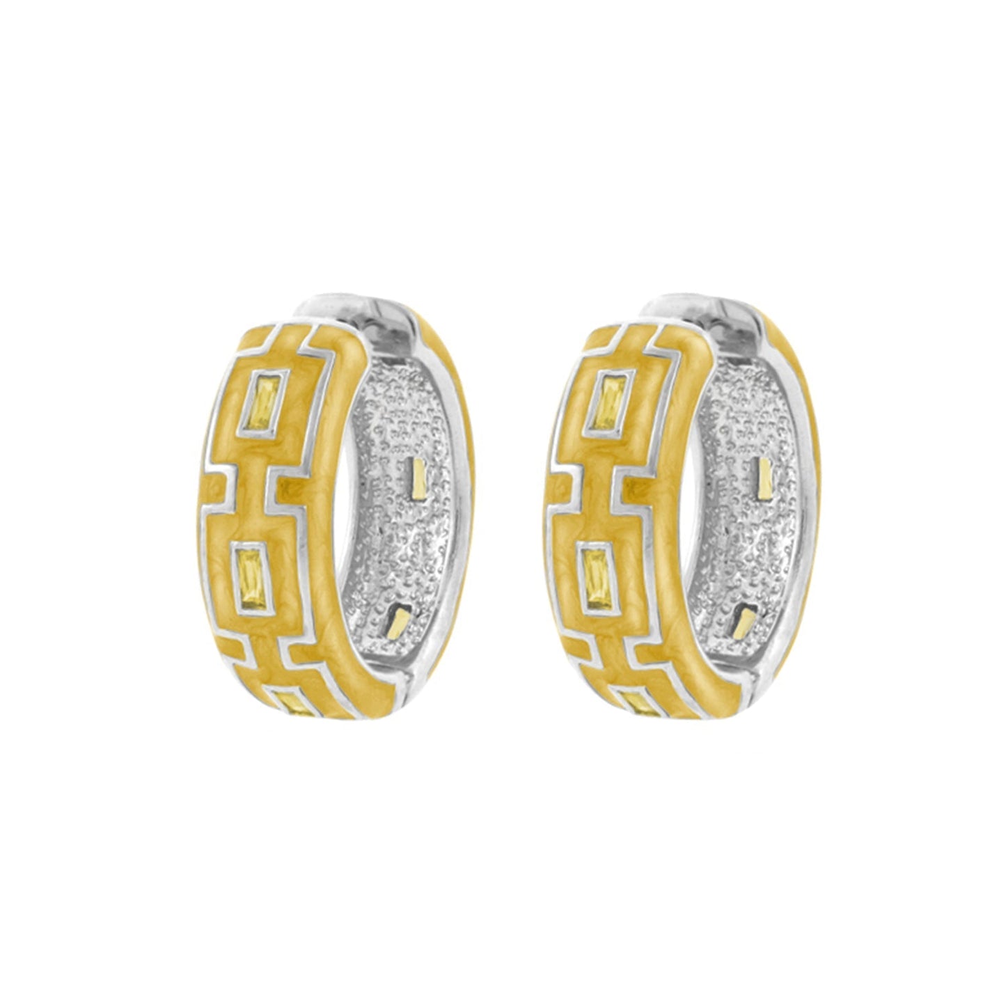 Greek Key Hoop Earrings by Lauren G Adams, two-tone gold and silver hoops on Tampa Home & Garden Store