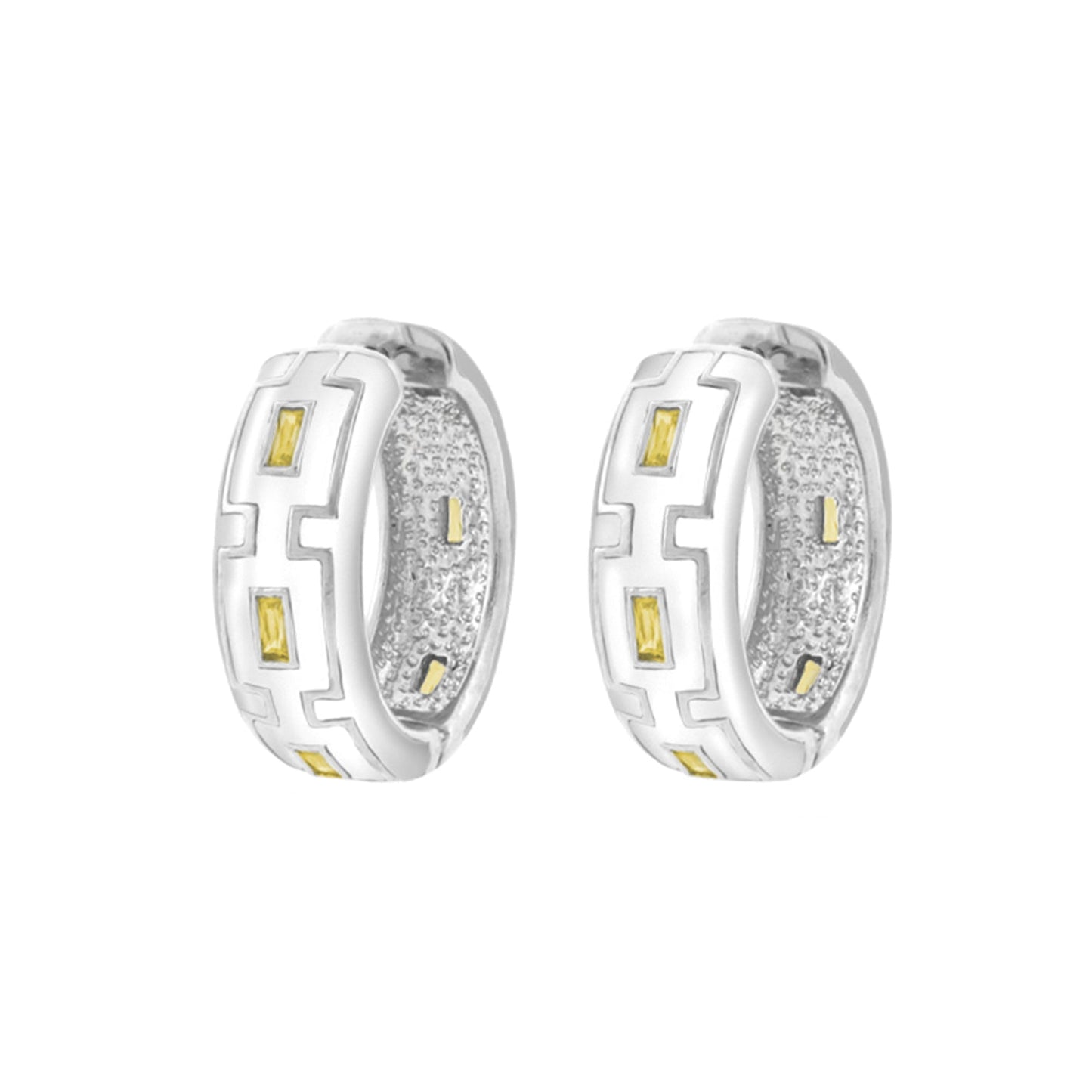 Greek Key Hoop Earrings, silver-tone hoops with textured inner surface and yellow stone accents on Tampa Home & Garden Store
