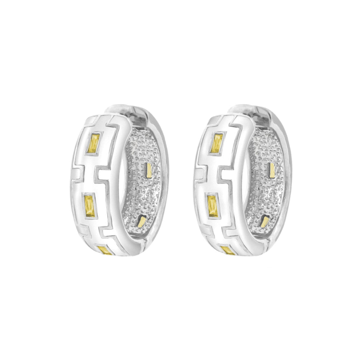 Greek Key Hoop Earrings, silver-tone hoops with textured inner surface and yellow stone accents on Tampa Home & Garden Store