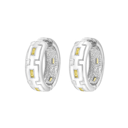 Greek Key Hoop Earrings, silver-tone hoops with textured inner surface and yellow stone accents on Tampa Home & Garden Store
