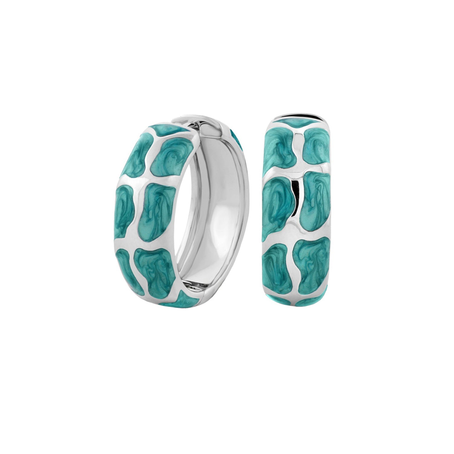 Puzzle Hoop Earrings pair in silver with turquoise marbled enamel panels by Lauren G Adams on Tampa Home & Garden Store