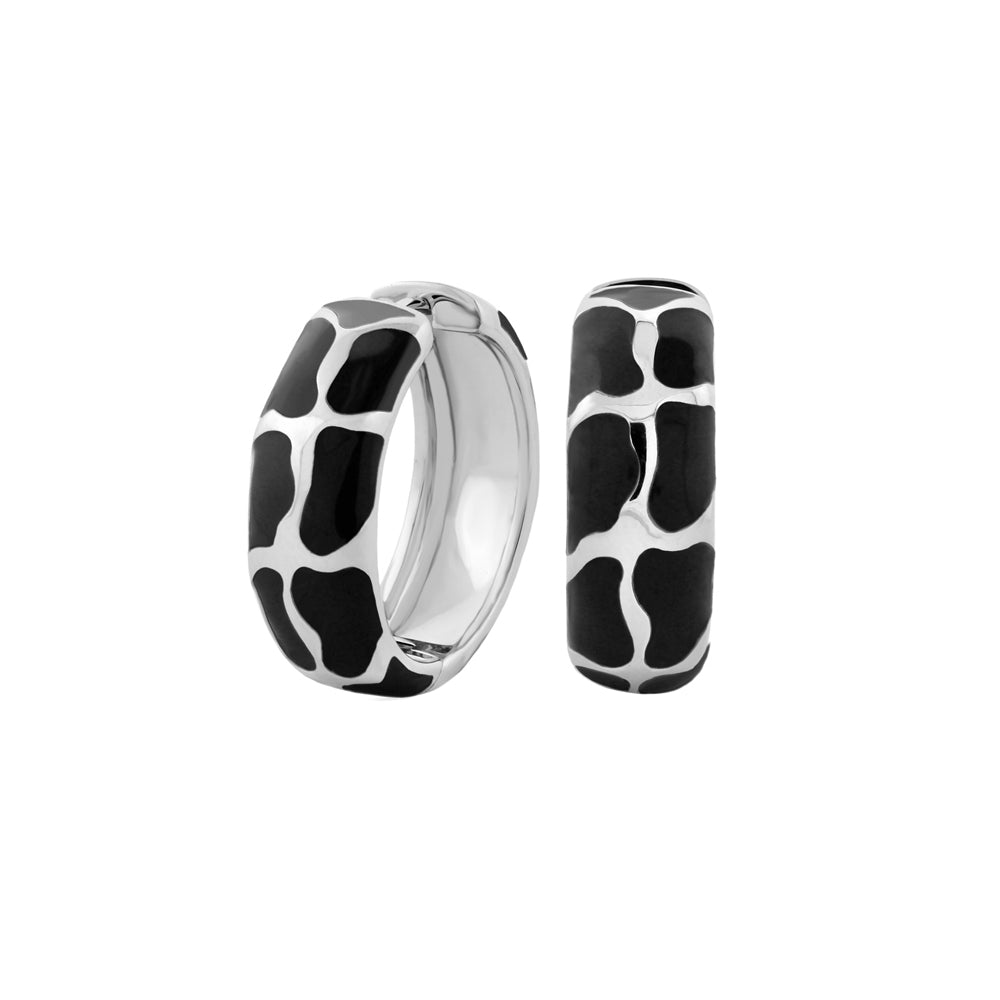 Puzzle Hoop Earrings silver-tone hoops with black cow-print enamel on Tampa Home & Garden Store