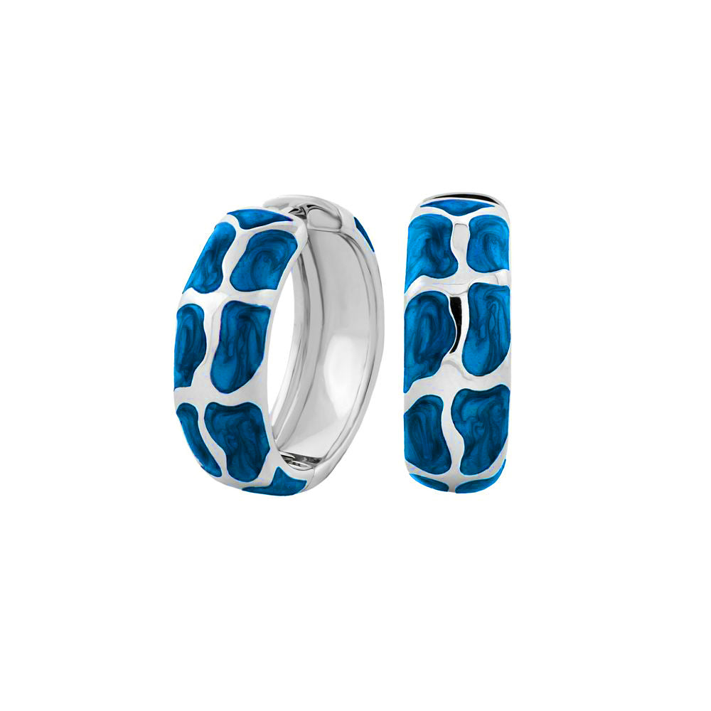 Puzzle Hoop Earrings pair in silver-tone with blue enamel puzzle pattern on Tampa Home & Garden Store