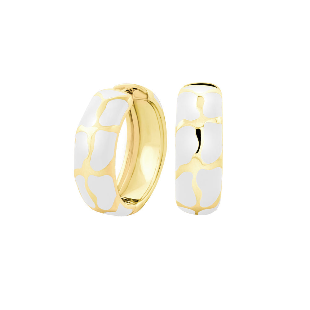 Puzzle Hoop Earrings by Lauren G Adams, gold-tone hoops with white enamel puzzle pattern, pair on Tampa Home & Garden Store