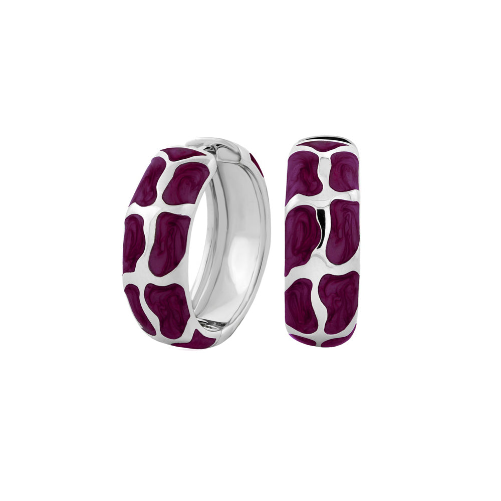 Puzzle Hoop Earrings by Lauren G Adams, purple enamel puzzle pattern on silver hoops on Tampa Home & Garden Store