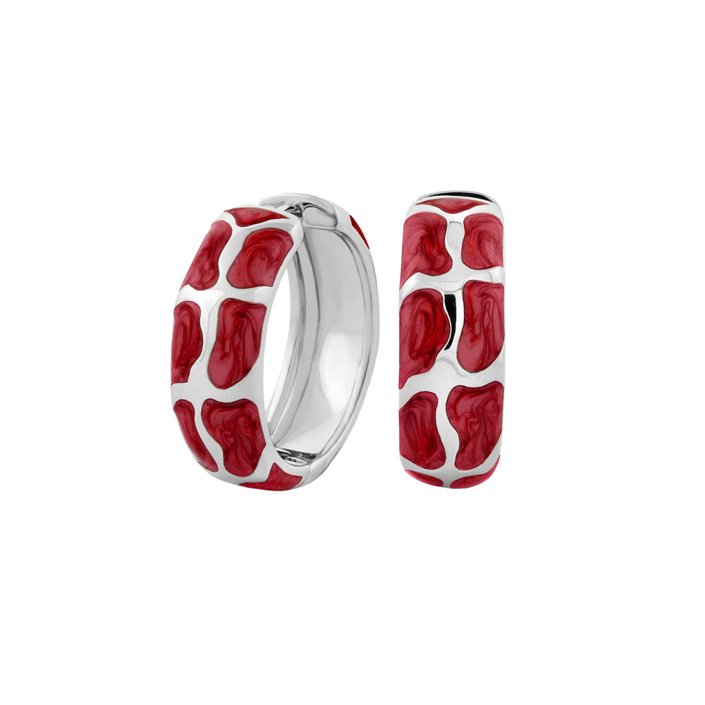 Puzzle Hoop Earrings pair in red enamel mosaic on silver hoops by Lauren G Adams on Tampa Home & Garden Store