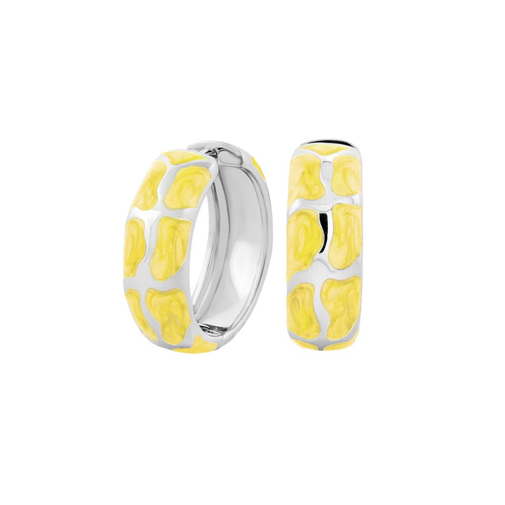 Puzzle Hoop Earrings by Lauren G Adams, pair of silver hoops with yellow enamel mosaic blocks on Tampa Home & Garden Store