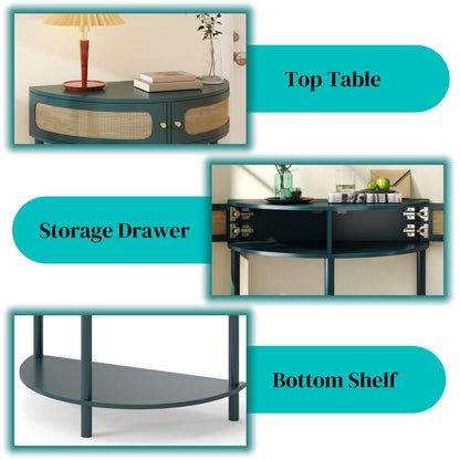 Boho rattan semi-circle end table in teal with sliding door and shelf by HouseOfZazla on Tampa Home & Garden Store