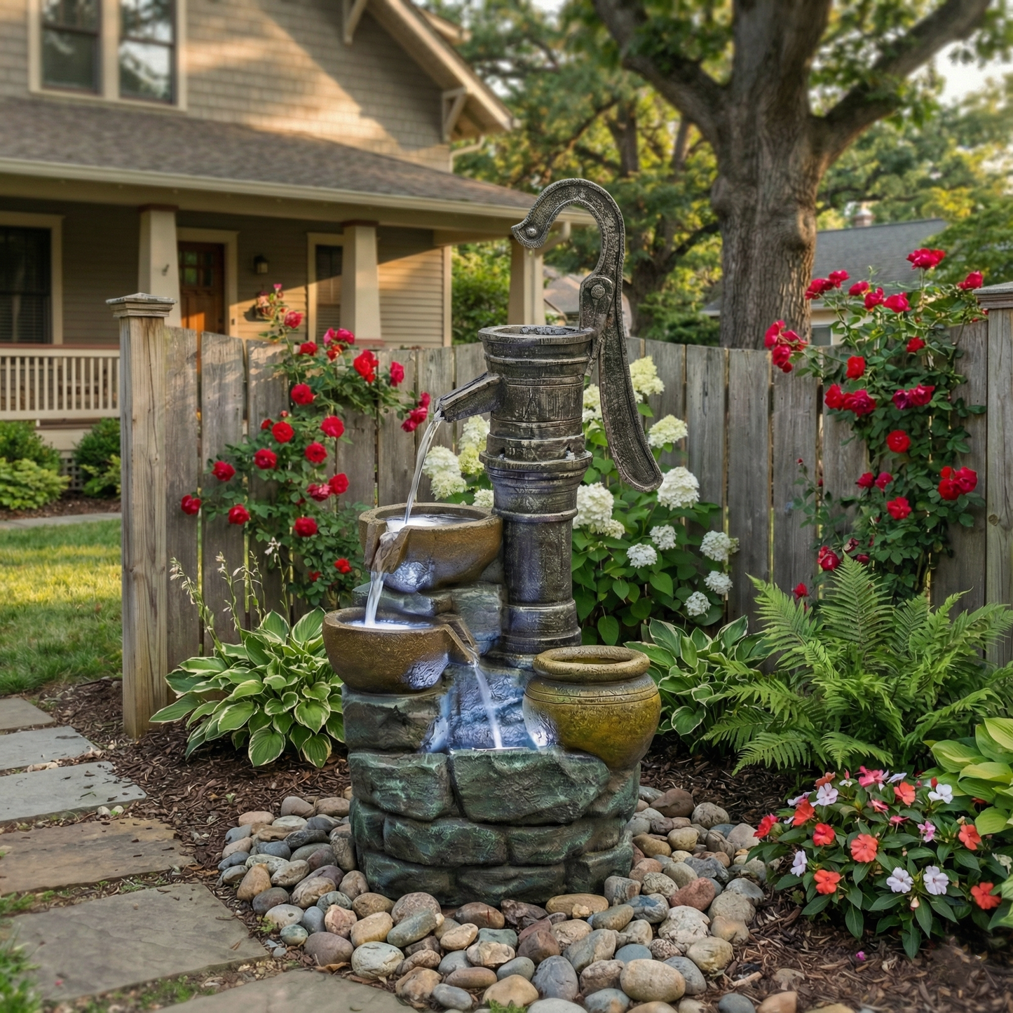32 inch tall outdoor fountain with vintage pump, gray stone, multi-tier water feature amid roses on Tampa Home & Garden Store