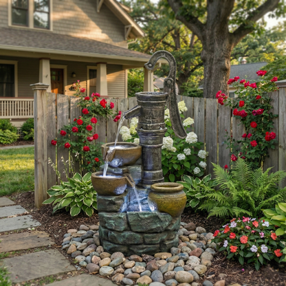 32 inch tall outdoor fountain with vintage pump, gray stone, multi-tier water feature amid roses on Tampa Home & Garden Store