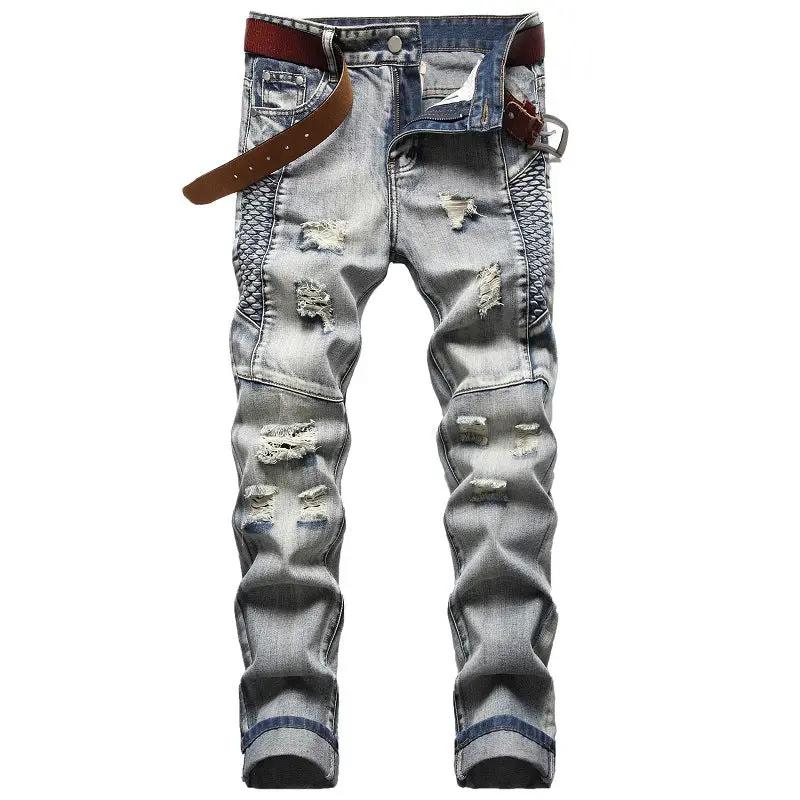 FLIPSTYLEZLLC men's nostalgic distressed jeans, light blue denim with rips and brown belt on Tampa Home & Garden Store