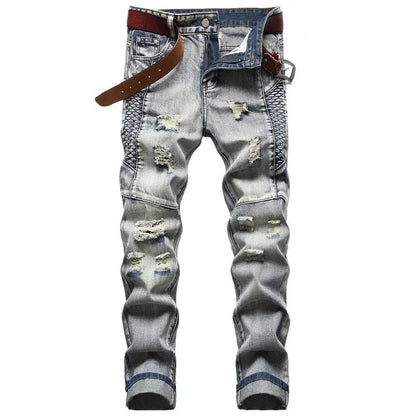 FLIPSTYLEZLLC men's nostalgic distressed jeans, light blue denim with rips and brown belt on Tampa Home & Garden Store