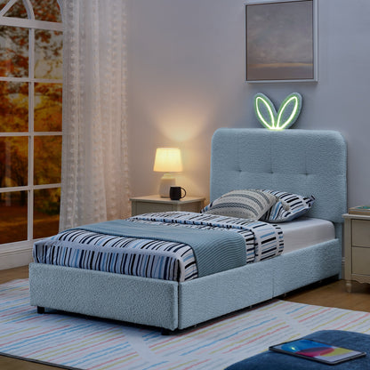 Twin Size Kids Upholstered Bed with Oversized Rabbit Ear Headboard in light blue fabric with neon ear decor on Tampa Home & Garden Store