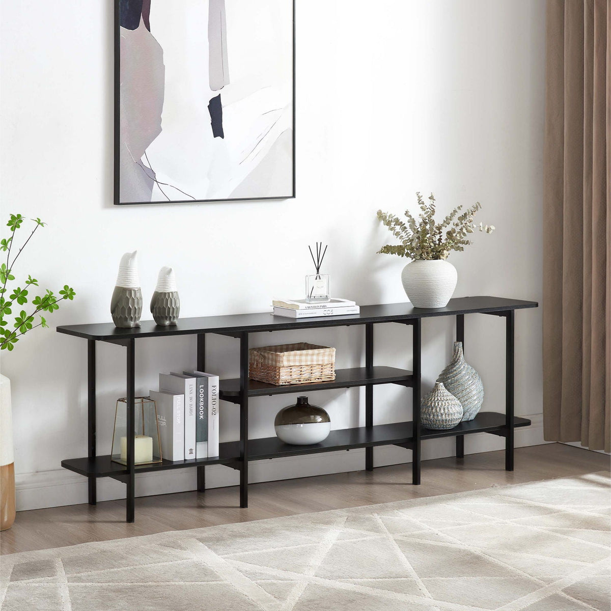 Celine 3-shelf console table with durable wood veneer top in black finish by HouseOfZazla on Tampa Home & Garden Store